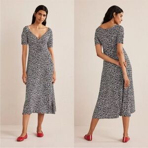 Boden Black V-Neck Short Sleeve  MiniFloral‎ Stretch Jersey Midi Dress Sz 2P